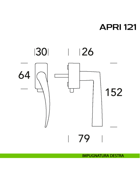 Maniglia per finestra DK con pulsante su placca Apri 121 Reguitti disegno dx