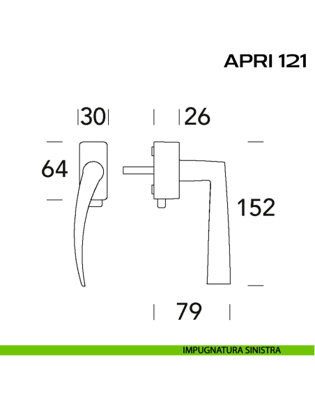 Maniglia per finestra DK con pulsante su placca Apri 121 Reguitti disegno sx