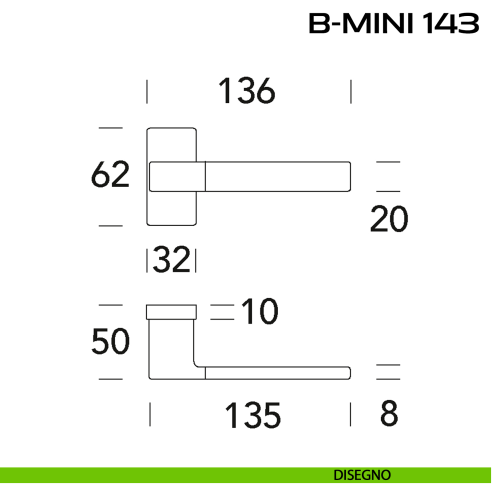 Maniglia per porta B-Mini 143 Reguitti con rosetta rettangolare disegno