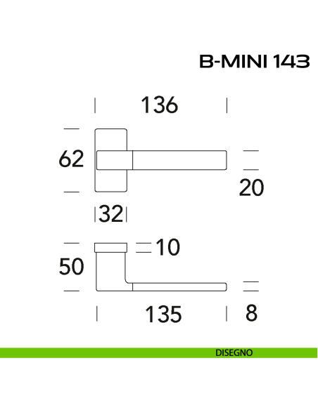 Maniglia per porta B-Mini 143 Reguitti con rosetta rettangolare disegno