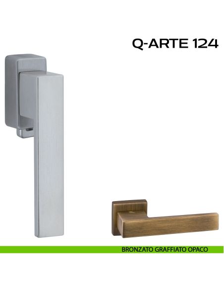 Maniglia per finestra DK con pulsante su placca Q-Arte 124 Reguitti bronzato graffiato opaco