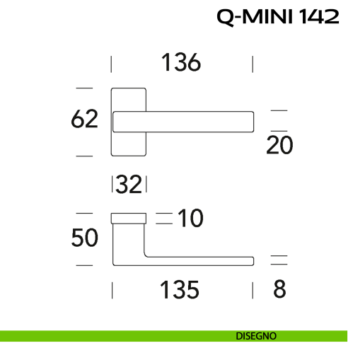 Maniglia per porta Q-Mini 142 Reguitti con rosetta rettangolare disegno