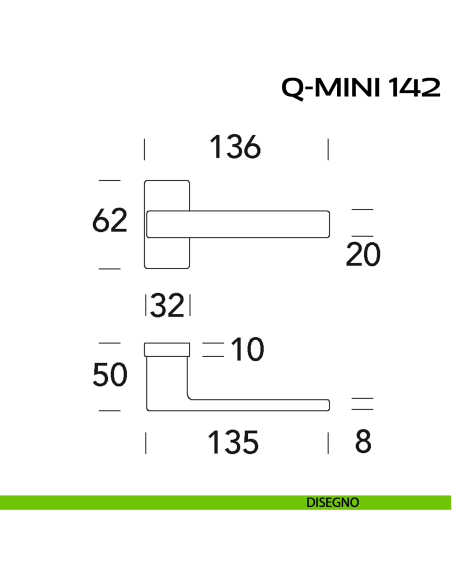 Maniglia per porta Q-Mini 142 Reguitti con rosetta rettangolare disegno