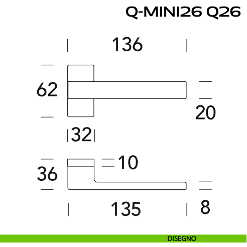 Maniglia ribassata per porta Q-Mini26 Q26 Reguitti con rosetta rettangolare disegno