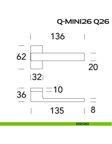 Maniglia ribassata per porta Q-Mini26 Q26 Reguitti con rosetta rettangolare disegno