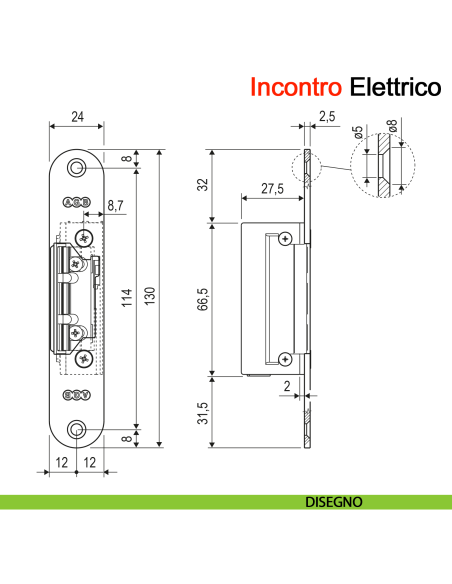 Incontro elettrico per serratura magnetica AGB per porta a filo con memoria di apertura senza leva sblocco manuale - disegno