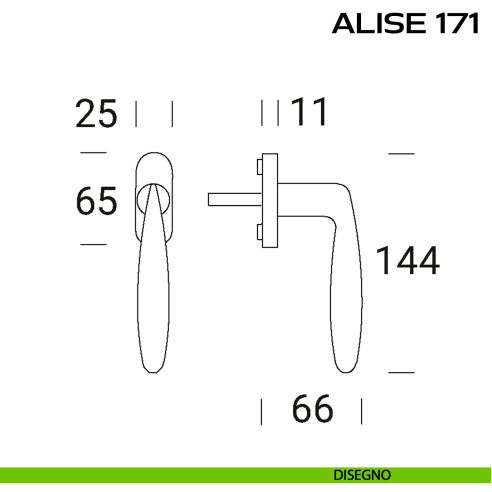 Maniglia per finestra martellina DK con rosetta stretta Alise 171 Reguitti disegno