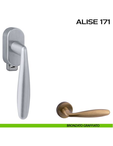 Maniglia per finestra DK con pulsante su placca Alise 171 Reguitti bronzato graffiato