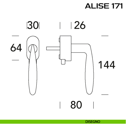 Maniglia per finestra DK con pulsante su placca Alise 171 Reguitti disegno