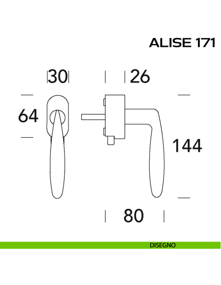 Maniglia per finestra DK con pulsante su placca Alise 171 Reguitti disegno