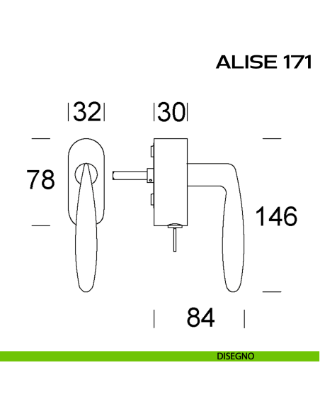 Maniglia per finestra martellina DK con chiave Alise 171 Reguitti disegno