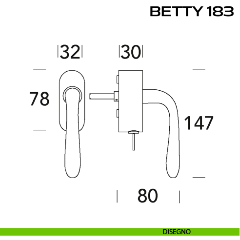 Maniglia per finestra martellina DK con chiave Betty 183 Reguitti disegno