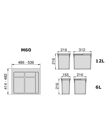 Emuca Contenitori per raccolta differenziata, 12 L + 6 L + 6 L, modulo 600 mm, Plastica, Grigio antracite, 3 u. + Base