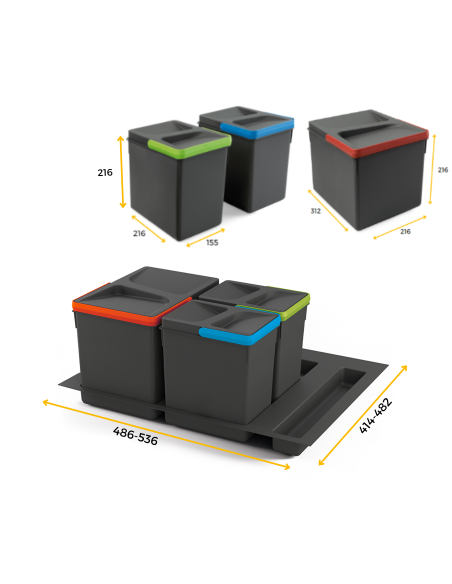 Emuca Contenitori per raccolta differenziata, 12 L + 6 L + 6 L, modulo 600 mm, Plastica, Grigio antracite, 3 u. + Base
