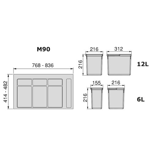 Emuca Contenitori per raccolta differenziata, 12 L+12 L+6 L+6 L, modulo 900 mm, Plastica, Grigio antracite, 4 u.+ Base