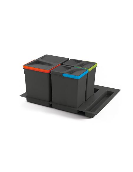 Emuca Contenitori per raccolta differenziata, 12 L + 7 L + 7 L, modulo 600 mm, Plastica, Grigio antracite, 3 u. + Base