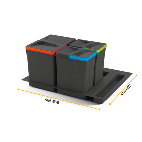 Emuca Contenitori per raccolta differenziata, 12 L + 7 L + 7 L, modulo 600 mm, Plastica, Grigio antracite, 3 u. + Base