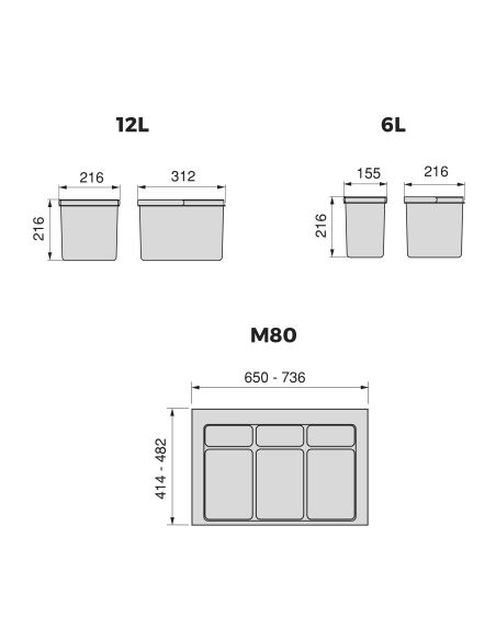 Emuca Kit di cassetto da cucina con base Recycle altezza 216 mm, 2x12 lt, 2x6 lt, modulo 800 mm, Grigio antracite, Tecnoplastica