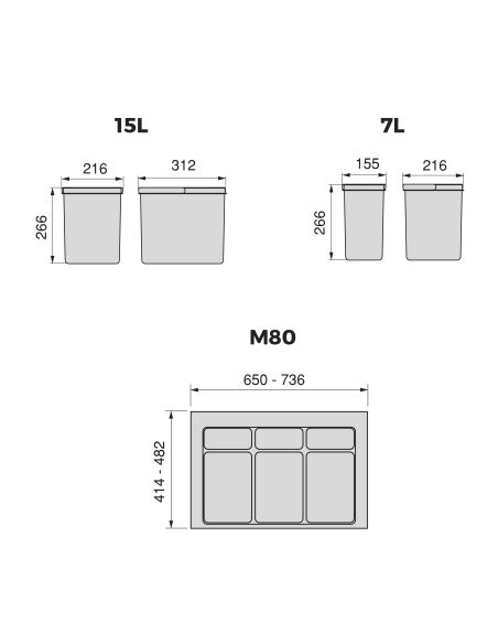 Emuca Kit di contenitori per cassetti da cucina con base Recycle altezza 266 mm, 2x15 lt, 2x7 lt, modulo 800 mm, Grigio