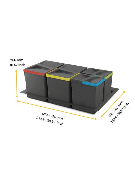 Emuca Kit di contenitori per cassetti da cucina con base Recycle altezza 266 mm, 2x15 lt, 2x7 lt, modulo 800 mm, Grigio