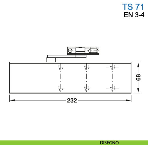 Chiudiporta aereo Dormakaba TS 71 forza EN 3-4 braccio senza fermo per porta standard e REI - disegno