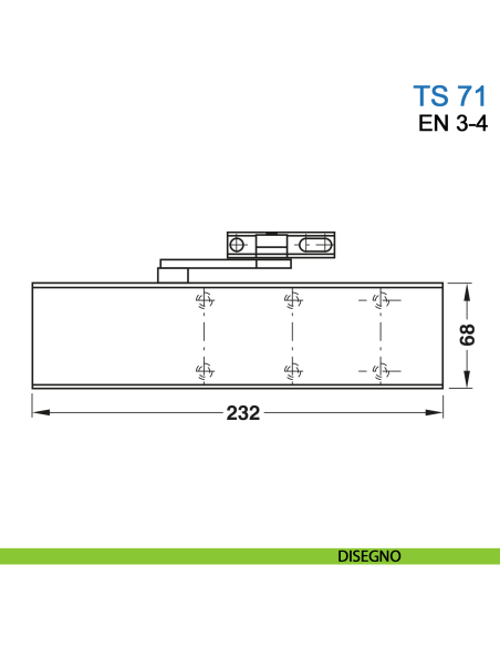 Chiudiporta aereo Dormakaba TS 71 forza EN 3-4 braccio senza fermo per porta standard e REI - disegno