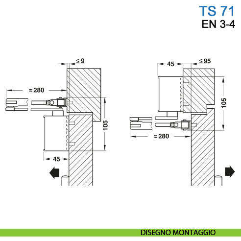 Chiudiporta aereo Dormakaba TS 71 forza EN 3-4 braccio senza fermo per porta standard e REI - disegno montaggio