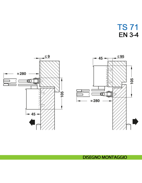 Chiudiporta aereo Dormakaba TS 71 forza EN 3-4 braccio senza fermo per porta standard e REI - disegno montaggio