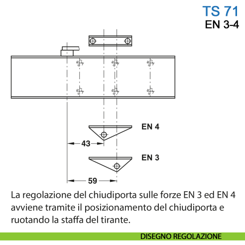 Chiudiporta aereo Dormakaba TS 71 forza EN 3-4 braccio senza fermo per porta standard e REI - disegno regolazione
