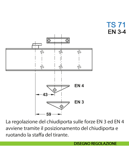 Chiudiporta aereo Dormakaba TS 71 forza EN 3-4 braccio senza fermo per porta standard e REI - disegno regolazione