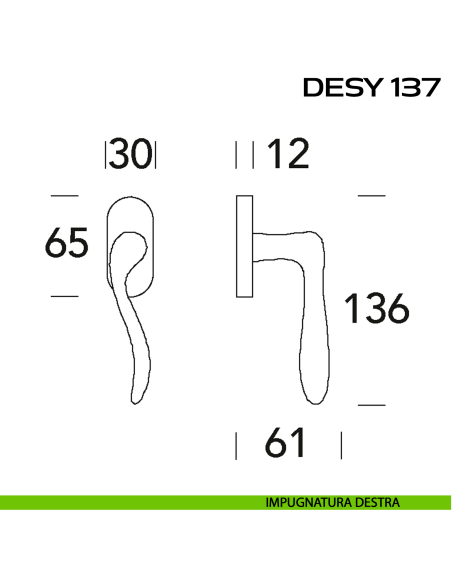 Maniglia martellina DK per finestra Desy 137 Reguitti disegno dx