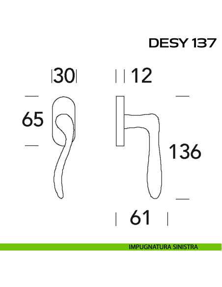 Maniglia martellina DK per finestra Desy 137 Reguitti disegno sx