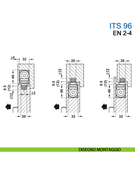 Chiudiporta a scomparsa Dormakaba ITS 96 forza EN 2-4 con braccio a slitta - disegno montaggio