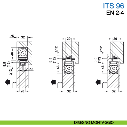 Chiudiporta a scomparsa Dormakaba ITS 96 forza EN 2-4 con braccio a slitta - disegno montaggio