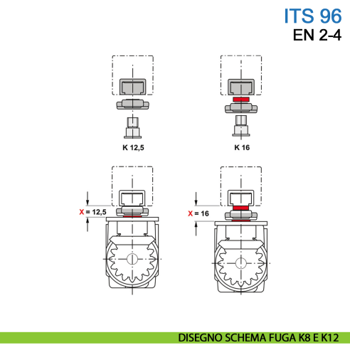 Chiudiporta a scomparsa Dormakaba ITS 96 forza EN 2-4 con braccio a slitta - disegno schema fuga K8 e K12