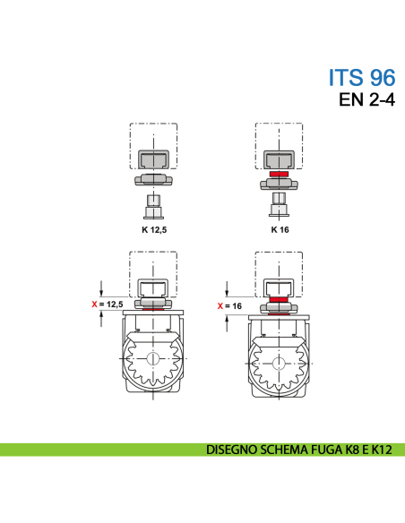 Chiudiporta a scomparsa Dormakaba ITS 96 forza EN 2-4 con braccio a slitta - disegno schema fuga K8 e K12