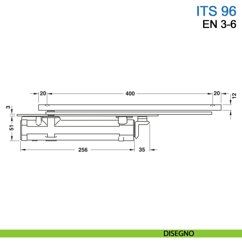 Chiudiporta a scomparsa Dormakaba ITS 96 forza EN 3-6 con braccio a slitta - disegno