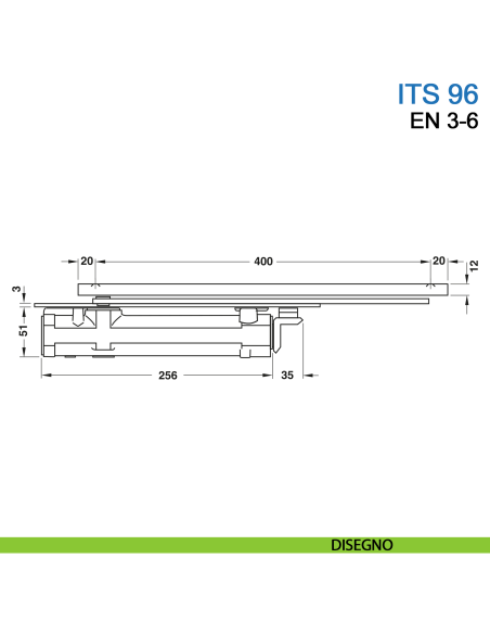 Chiudiporta a scomparsa Dormakaba ITS 96 forza EN 3-6 con braccio a slitta - disegno