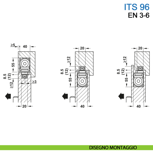 Chiudiporta a scomparsa Dormakaba ITS 96 forza EN 3-6 con braccio a slitta - disegno montaggio