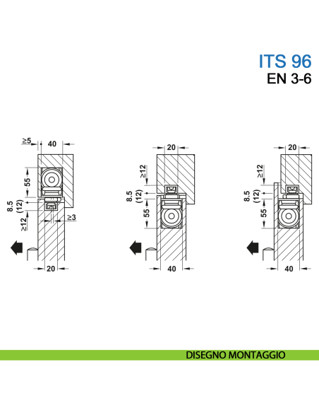 Chiudiporta a scomparsa Dormakaba ITS 96 forza EN 3-6 con braccio a slitta - disegno montaggio