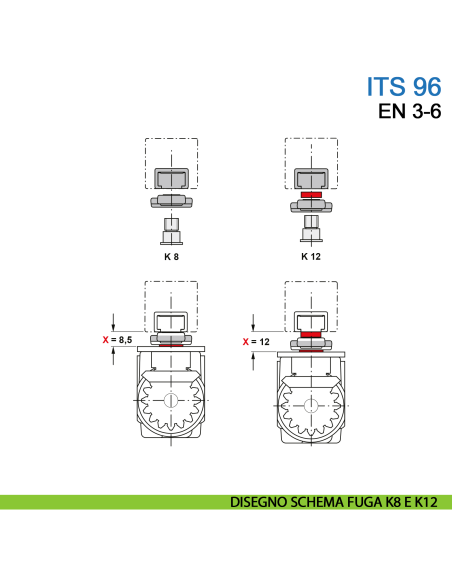 Chiudiporta a scomparsa Dormakaba ITS 96 forza EN 3-6 con braccio a slitta - disegno schema fuga K8 e K12