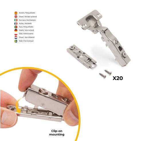 Emuca Lotto di 20 cerniere collo dritto X91 con chiusura soft e Basetta a vite, altezza 1, Acciaio, Nichelato