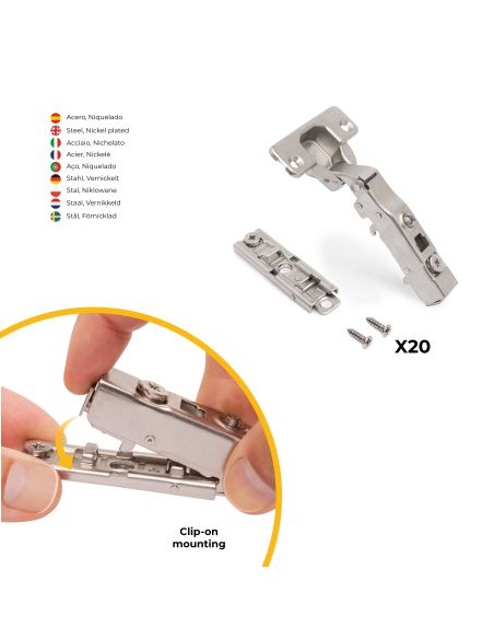 Emuca Lotto di 20 cerniere collo dritto X91 con chiusura soft e Basetta a vite, altezza 1, Acciaio, Nichelato