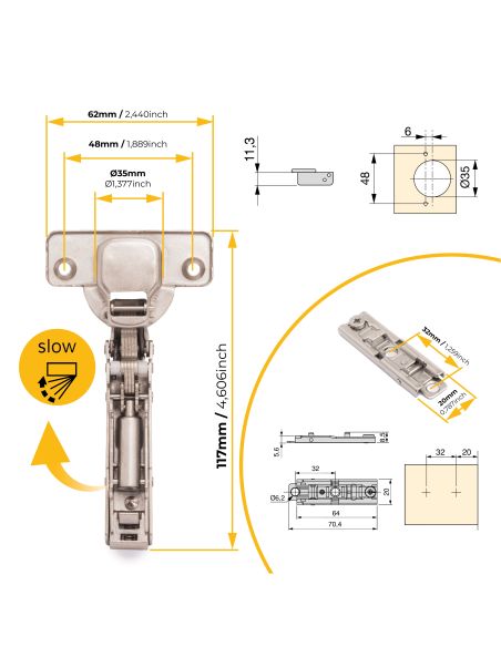 Emuca Lotto di 20 cerniere collo dritto X91 con chiusura soft e Basetta a vite, altezza 1, Acciaio, Nichelato
