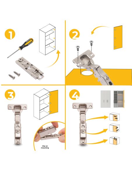 Emuca Lotto di 20 cerniere collo dritto X91 con chiusura soft e Basetta a vite, altezza 1, Acciaio, Nichelato