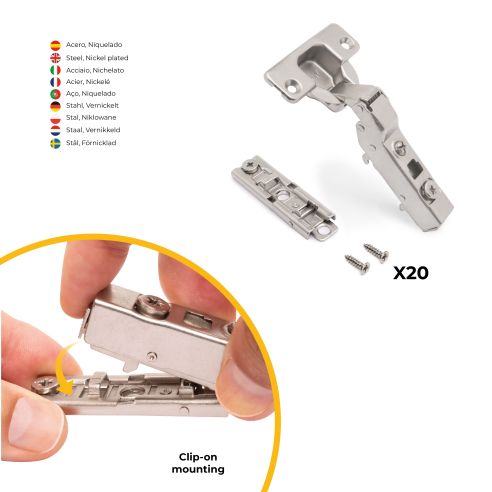 Emuca Lotto di 20 cerniere mezzo collo X91 con chiusura soft e Basetta a vite, altezza 1, Acciaio, Nichelato