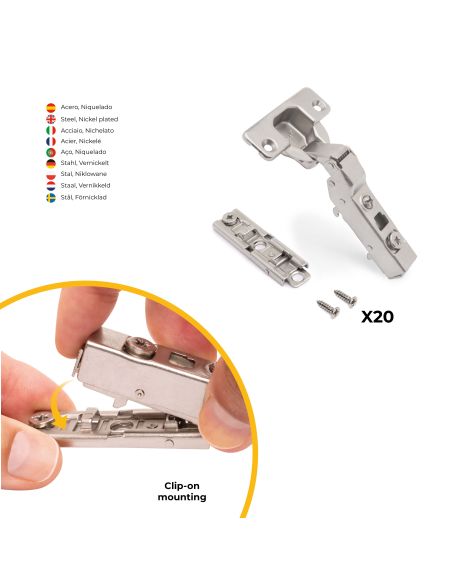 Emuca Lotto di 20 cerniere mezzo collo X91 con chiusura soft e Basetta a vite, altezza 1, Acciaio, Nichelato