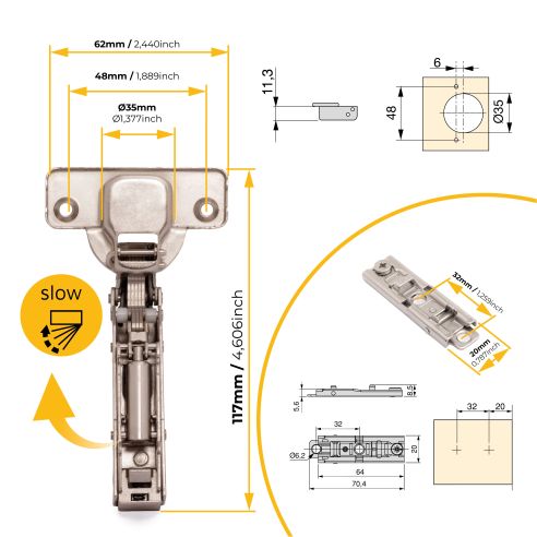 Emuca Lotto di 20 cerniere mezzo collo X91 con chiusura soft e Basetta a vite, altezza 1, Acciaio, Nichelato