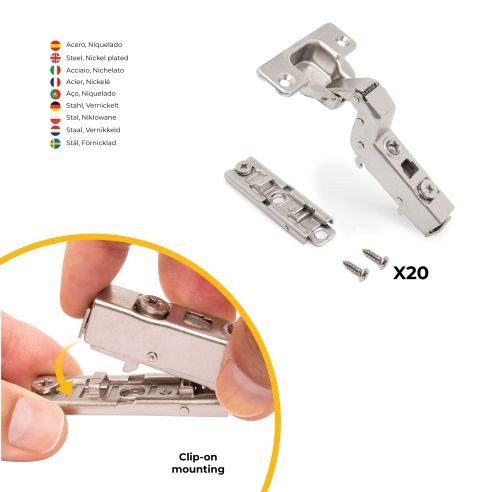 Emuca Lotto di 20 cerniere collo alto X91 con chiusura soft e Basetta a vite, altezza 1, Acciaio, Nichelato
