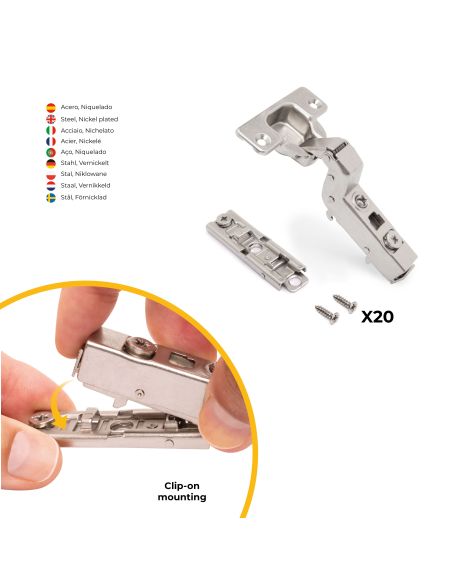 Emuca Lotto di 20 cerniere collo alto X91 con chiusura soft e Basetta a vite, altezza 1, Acciaio, Nichelato
